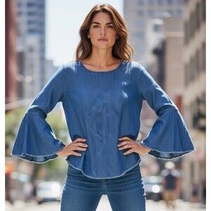 Anthropologie Cloth & Stone Chambray Blouse Women’s Small Bell Sleeve Round Hem